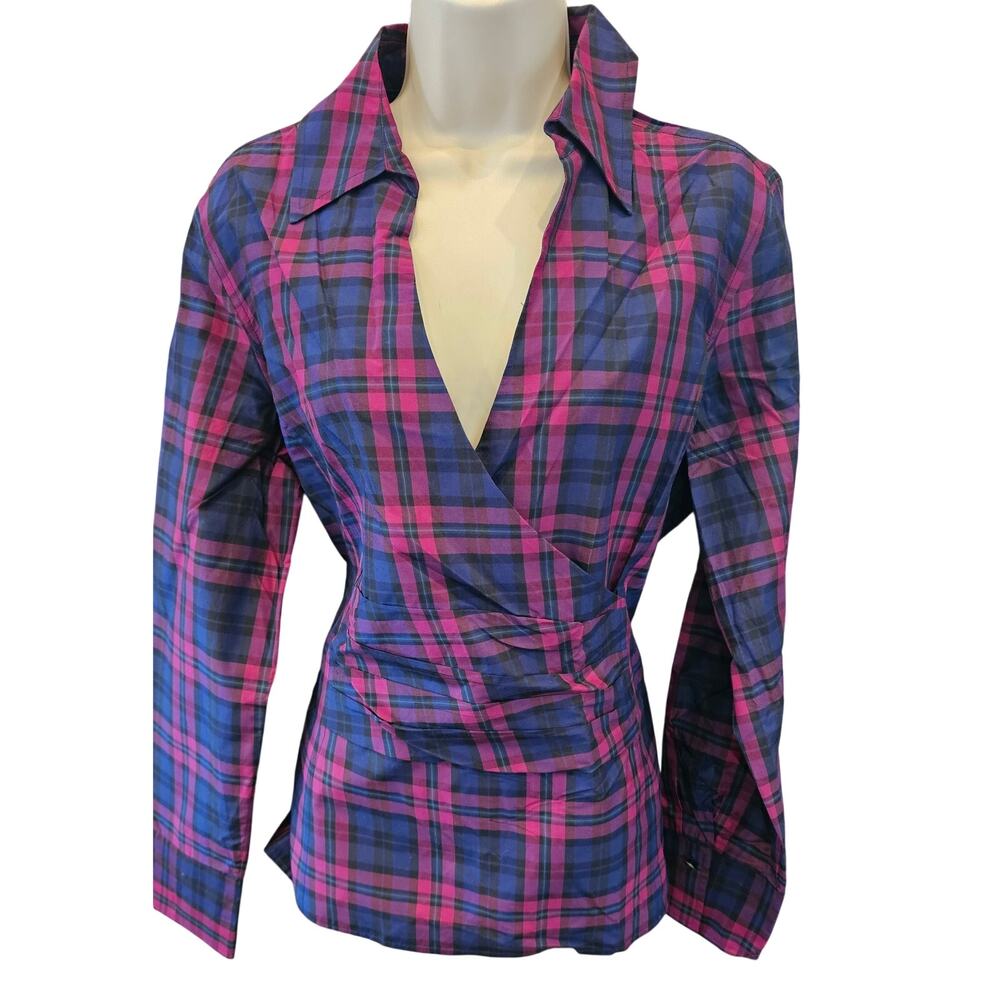 Talbots sz 16 silk blend tartan purple ruched front career business long sleeve - Picture 2 of 8